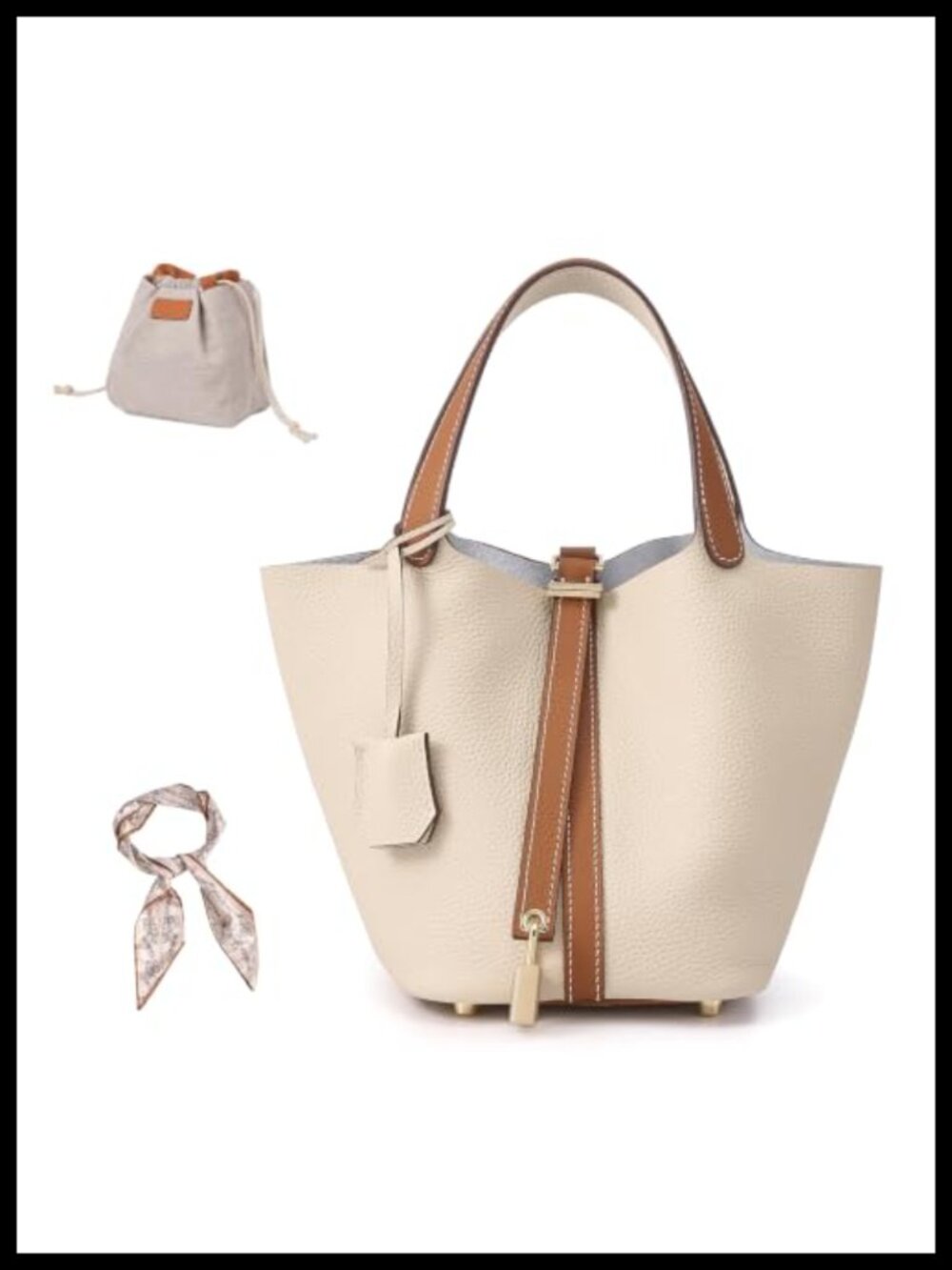 Genuine Leather Lock Design Bucket Bag Top Handle Satchel Handbag for Women